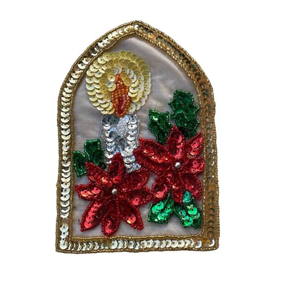 Vintage Christmas Embellishment Sequin Patch Candle Poinsetta - Picture 1 of 5
